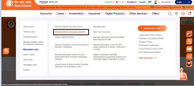 Bank of Baroda Education Loan Application Process - click on the scheme you want to apply for