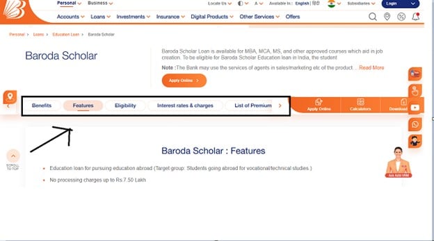 Bank of Baroda Education Loan Application Process - the scheme detail page