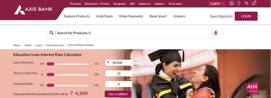 Axis Bank Education Loan EMI Calculator