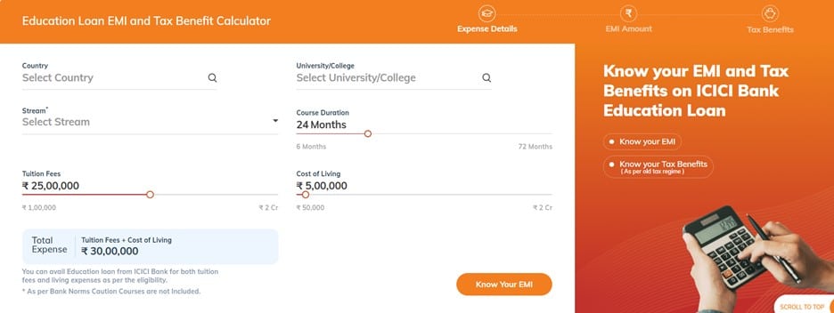 ICICI Bank Education Loan EMI and Tax Benefit Calculator